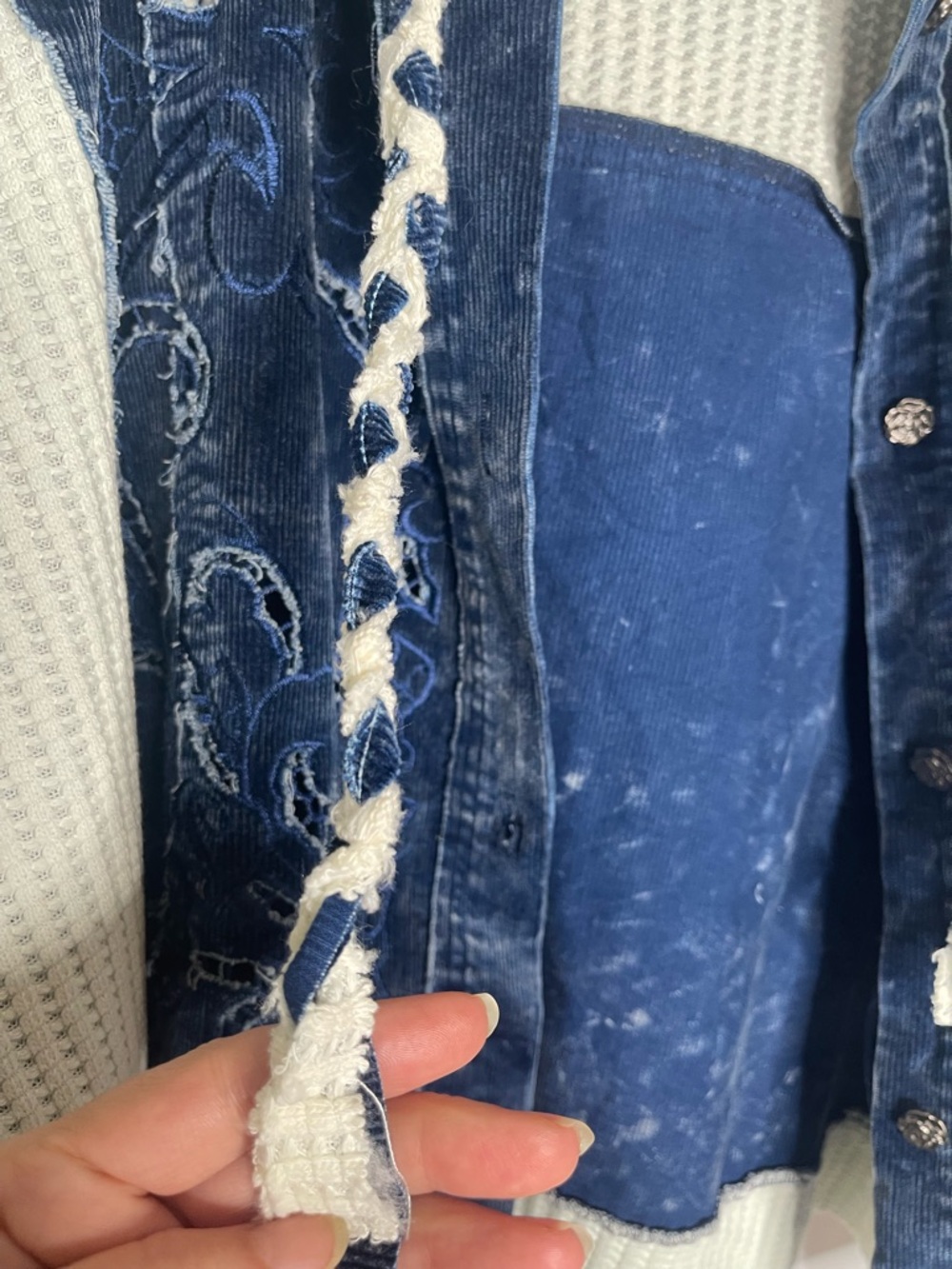 POL Blue Patchwork Hooded Cardigan with Embroidered Swirls - Picture 6 of 11